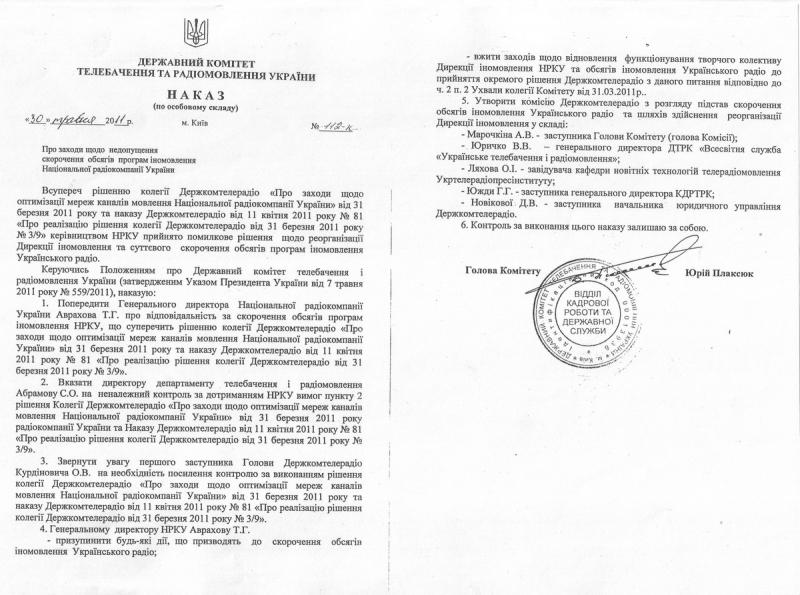 Наказ Юрія Плаксюка №112-к від 30.05.2011